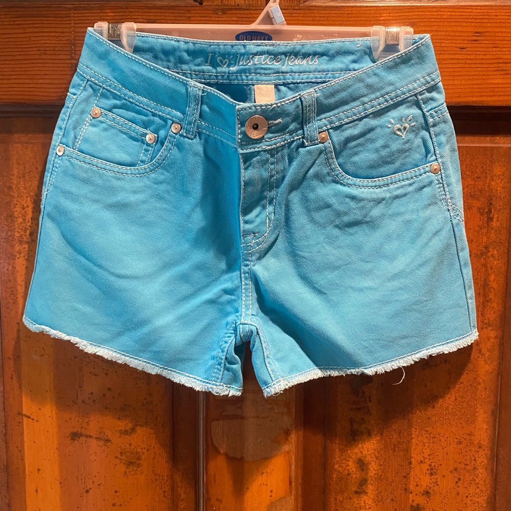 Justice Turquoise Denim Shorts with Frayed Hem